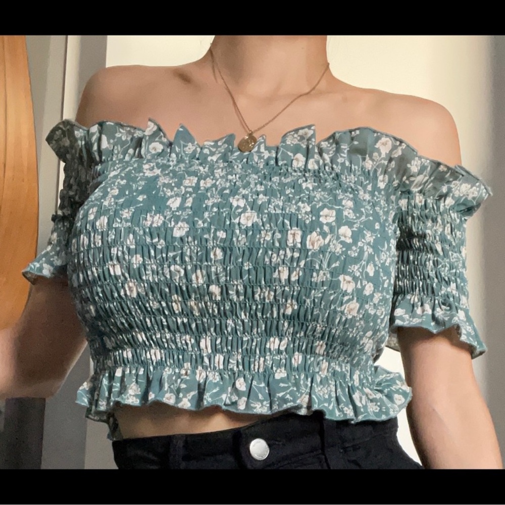 Nasty Gal Green Floral Smocked Blouse & Skirt